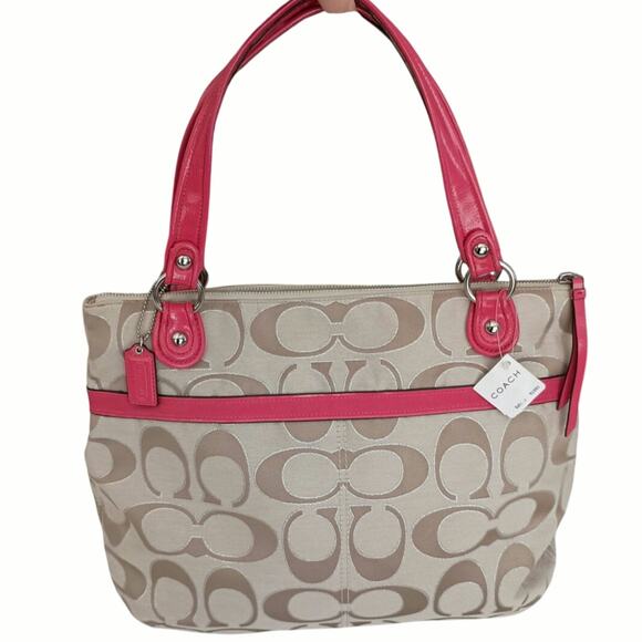NWT! Coach Signature Poppy Sateen Metallic Glam Tote Tan & Pink Limited Edition